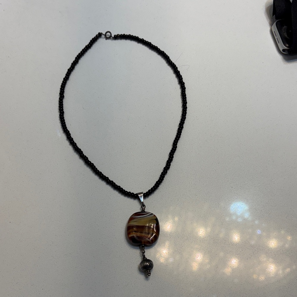 Hand Blown Glass…Black Beaded Necklace with Brown Pendant Artician